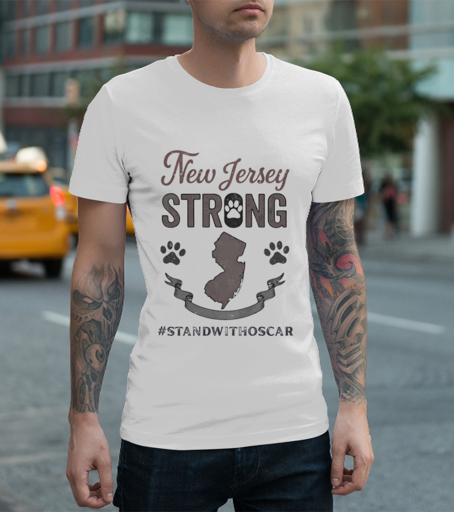 New Jersey Strong Stand With Oscar Support Hashtag Paw Print Map T-Shirt