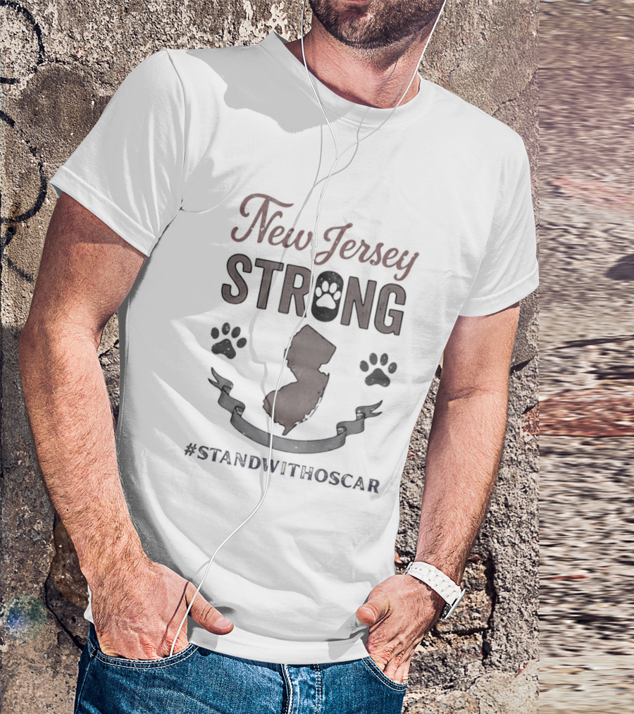 New Jersey Strong Stand With Oscar Support Hashtag Paw Print Map T-Shirt