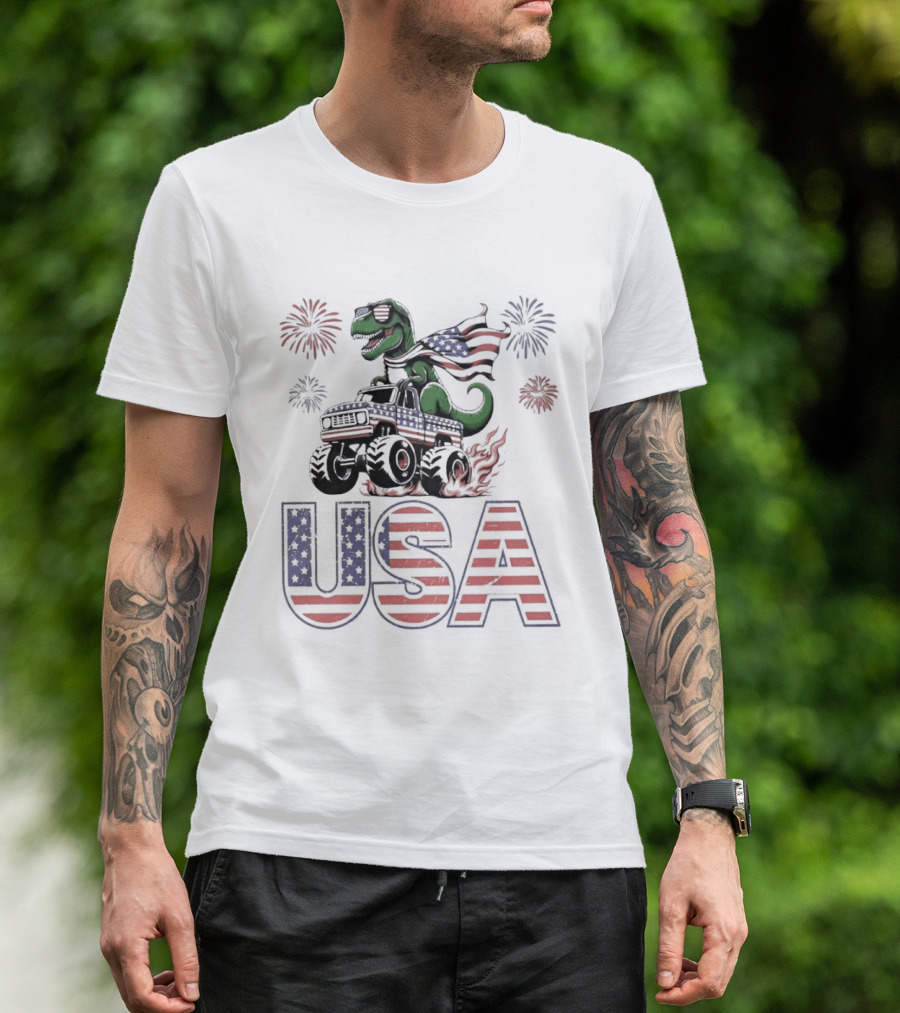 USA Independence Day 4th Of July Rex Monster Truck Fireworks American Flag T-Shirt