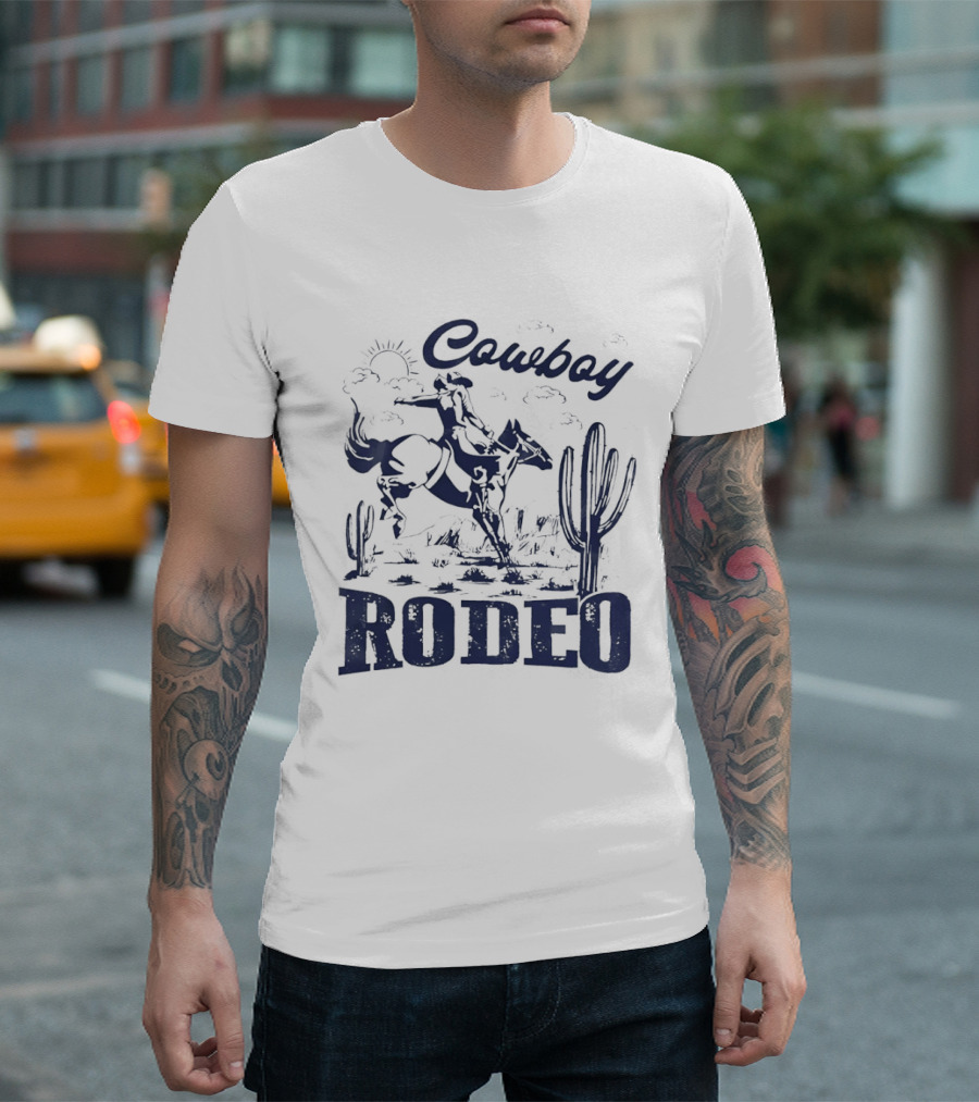Rodeo Cowboy Horse Riding In Desert Scenery T-Shirt