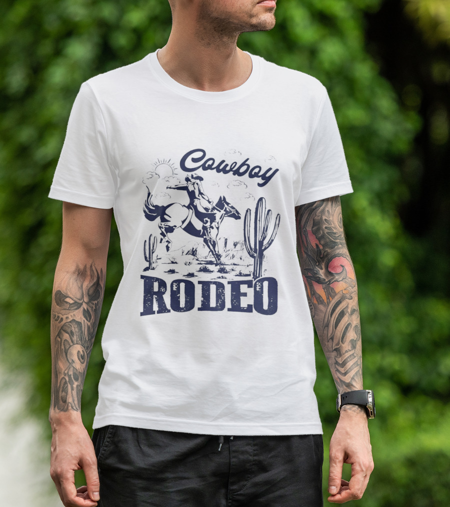 Rodeo Cowboy Horse Riding In Desert Scenery T-Shirt