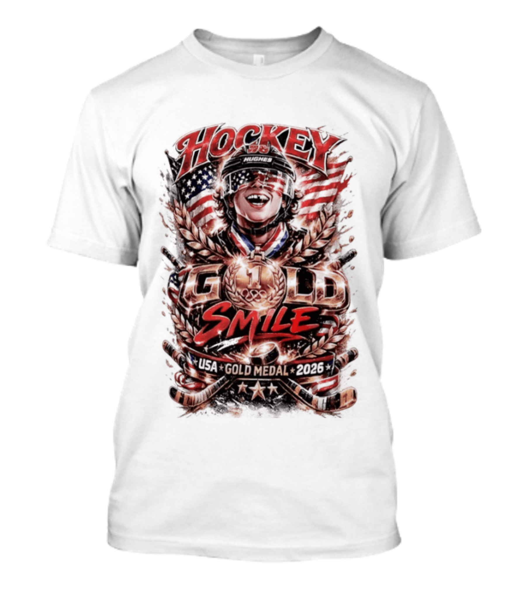 Hockey USA Gold Medal 2026 Gold Smile Hughes Victory T-Shirt
