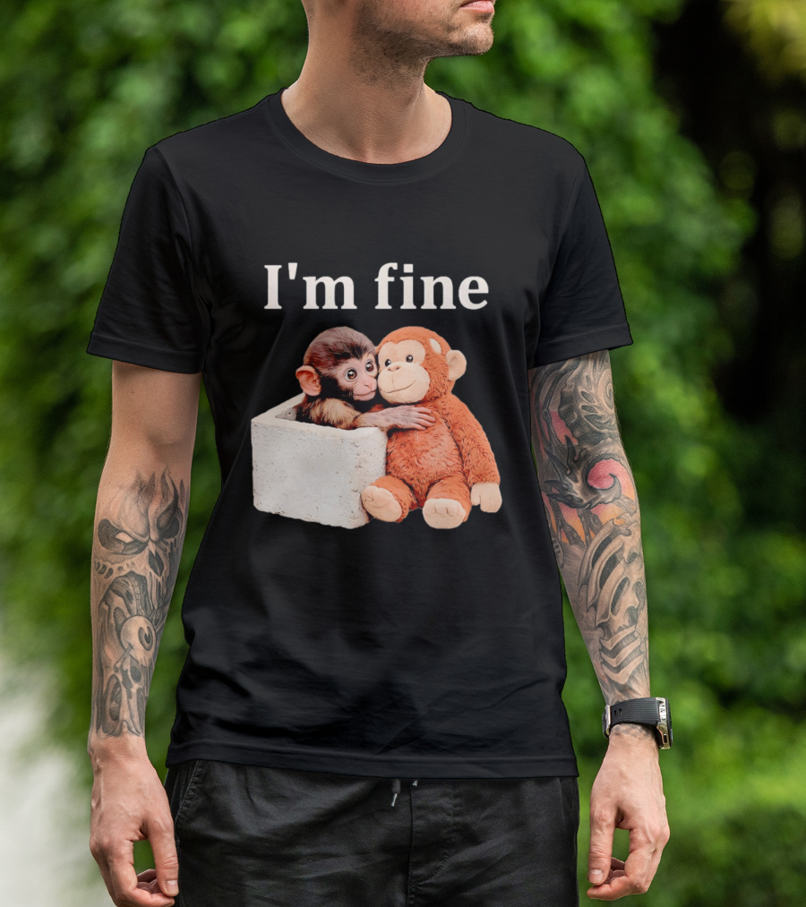 Sad Monkey Hugging Orange Toy With I'm Fine T-Shirt
