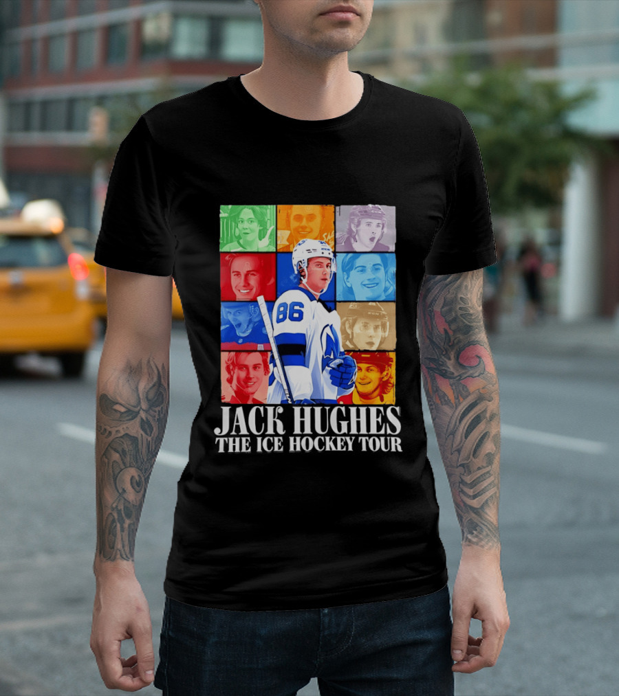 Jack Hughes 86 The Ice Hockey Tour Colorful Portrait Compilation T-Shirt