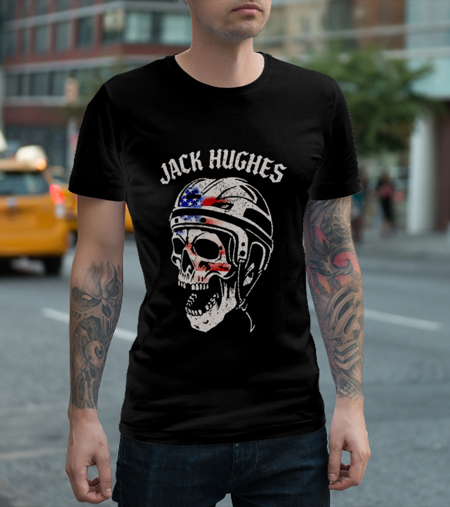 Jack Hughes USA Flag Skull Hockey Helmet T-Shirt