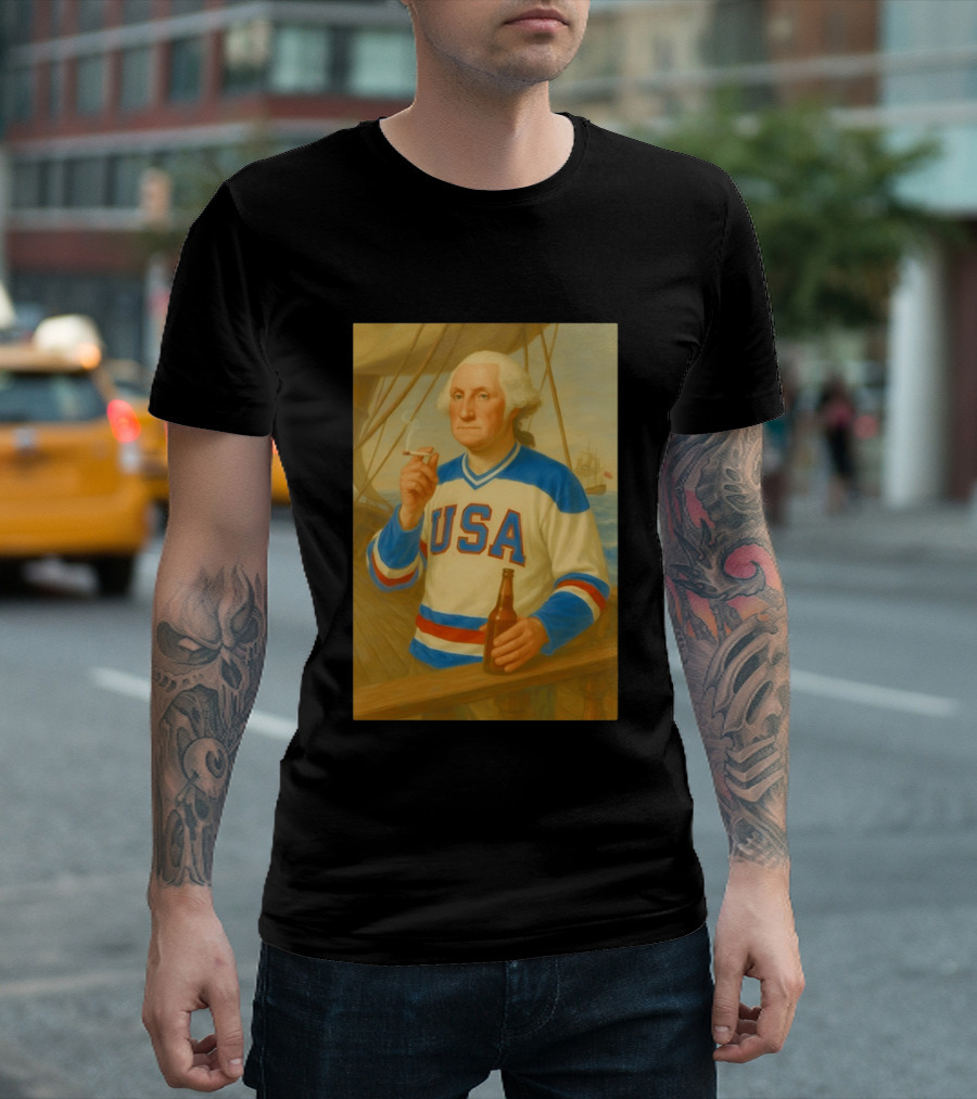 USA Hockey Jersey Wearing George Washington Smoking Holding Beer T-Shirt