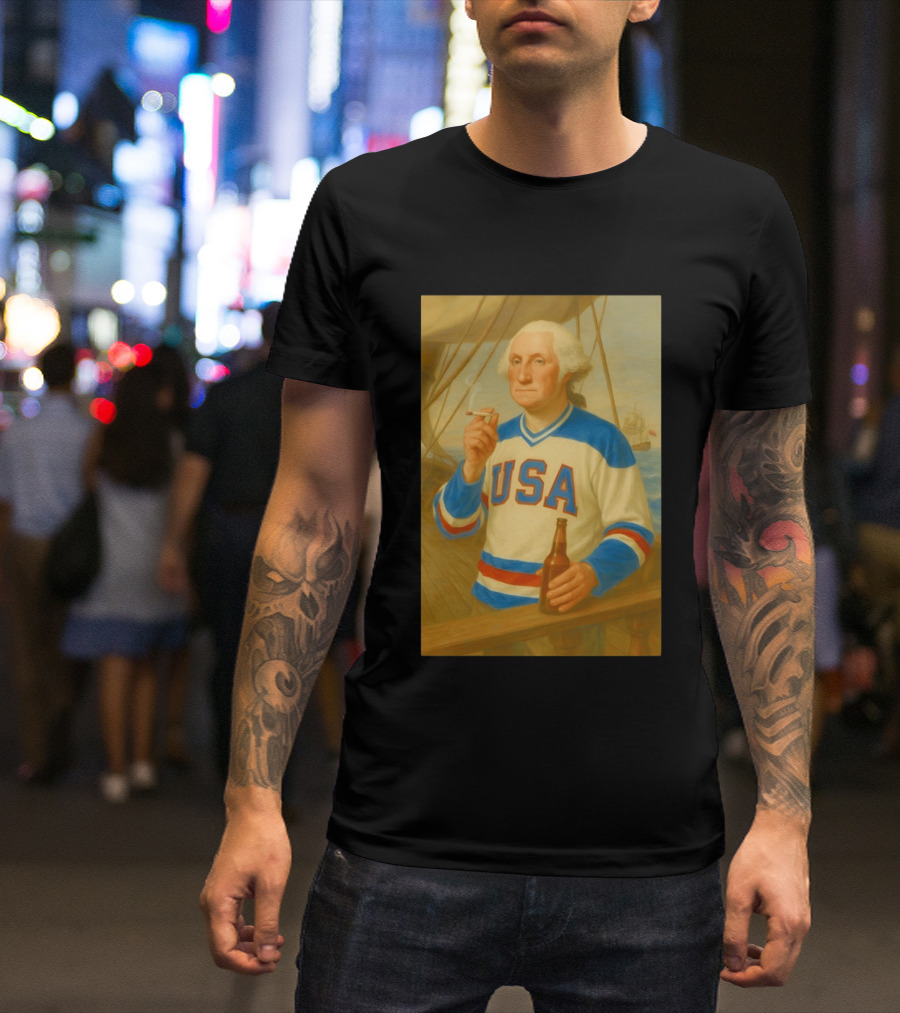 USA Hockey Jersey Wearing George Washington Smoking Holding Beer T-Shirt