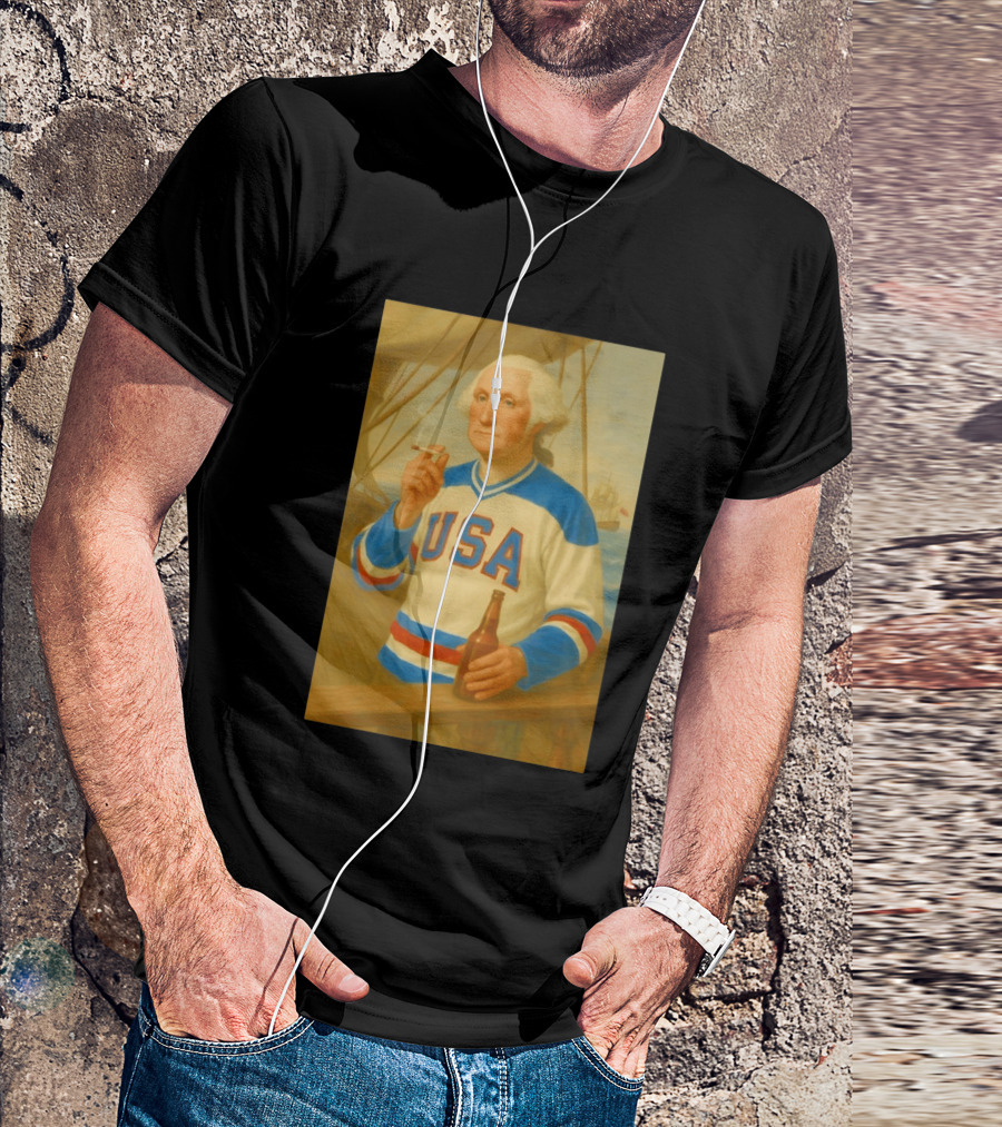 USA Hockey Jersey Wearing George Washington Smoking Holding Beer T-Shirt