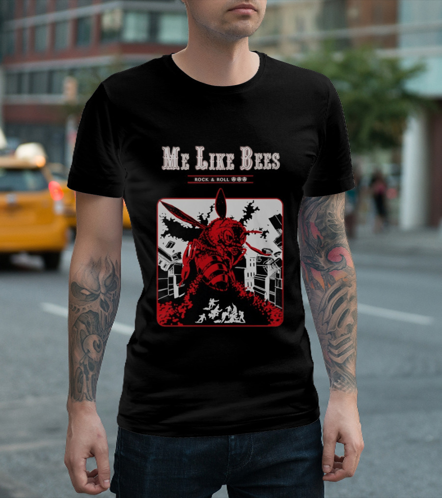 Me Like Bees Rock And Roll Urban Cartoon Style Destruction Scene T-Shirt