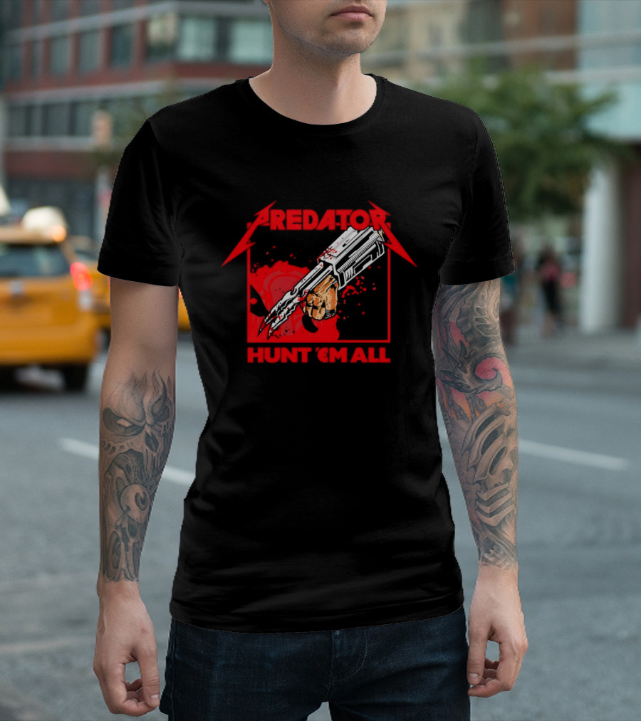 Hunt 'Em All With Iconic Predato Red Text And Weaponry T-Shirt