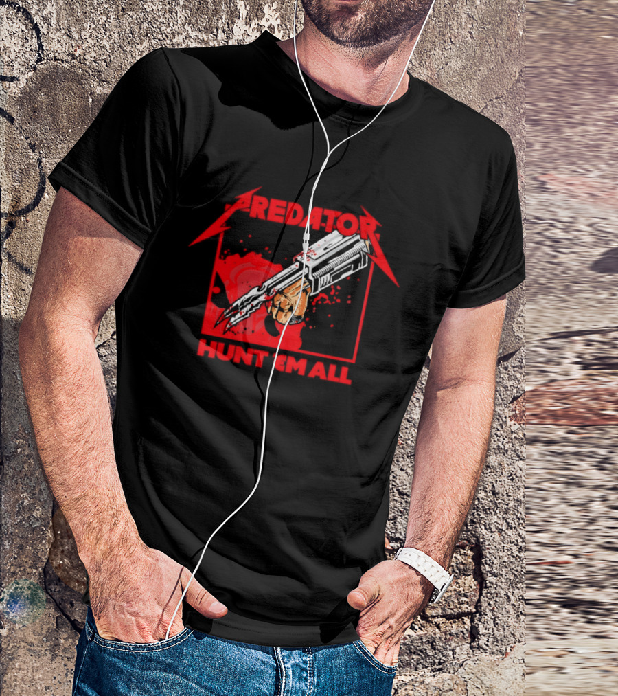 Hunt 'Em All With Iconic Predato Red Text And Weaponry T-Shirt