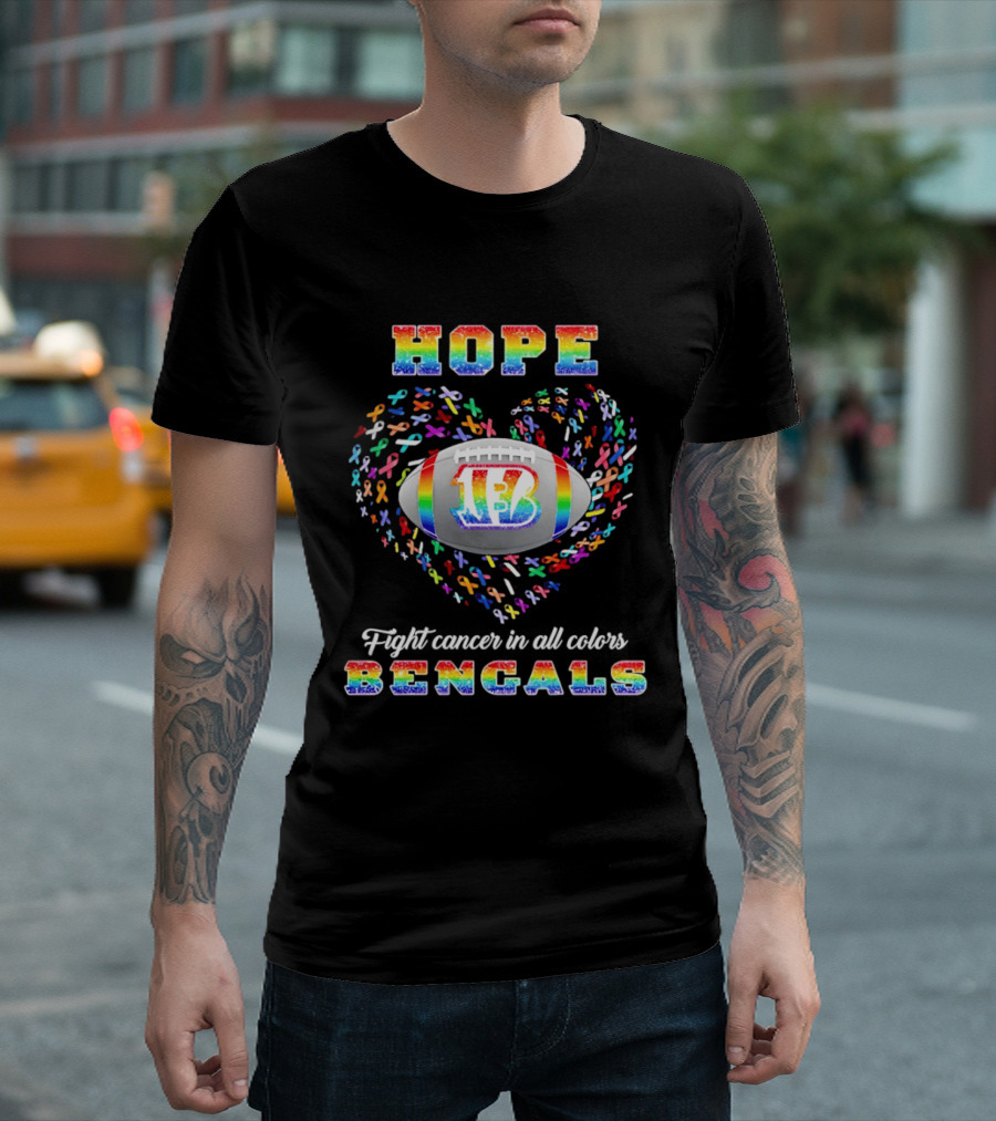HOPE Bengals Ribbon Heart Cincinnati Fight Cancer Rainbow T-Shirt