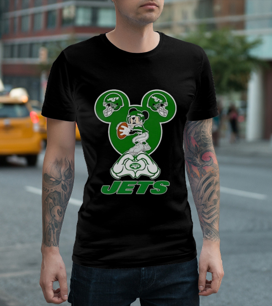 New York Jets Mickey Mouse Football Heart Hands T-Shirt