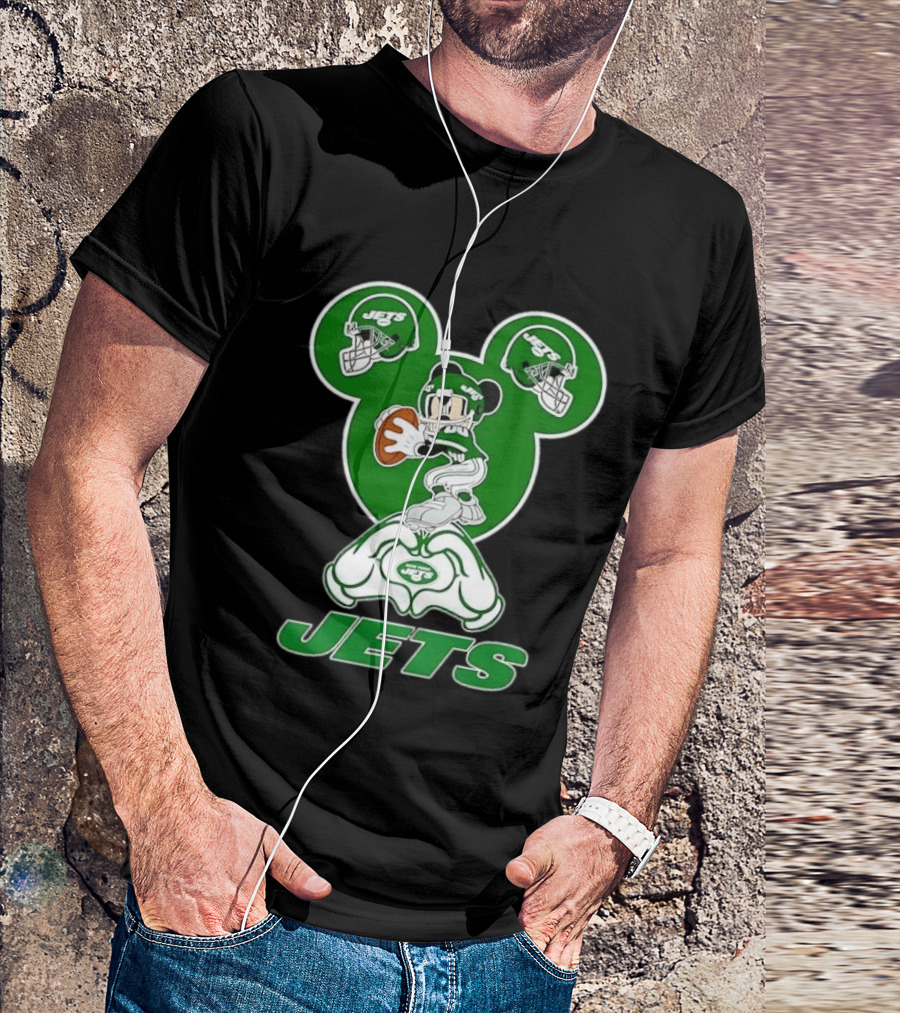 New York Jets Mickey Mouse Football Heart Hands T-Shirt