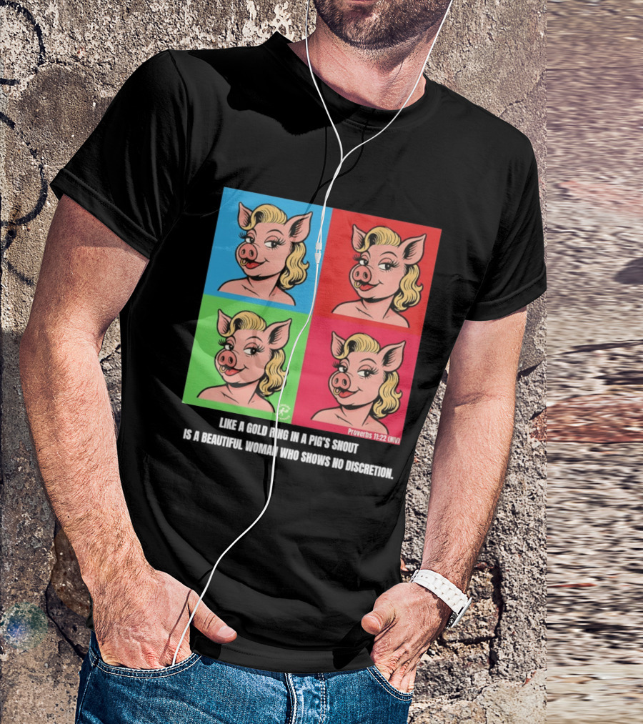 Proverbs 11:22 NIV Pig Pop Art Style Blonde Pig Panels T-Shirt