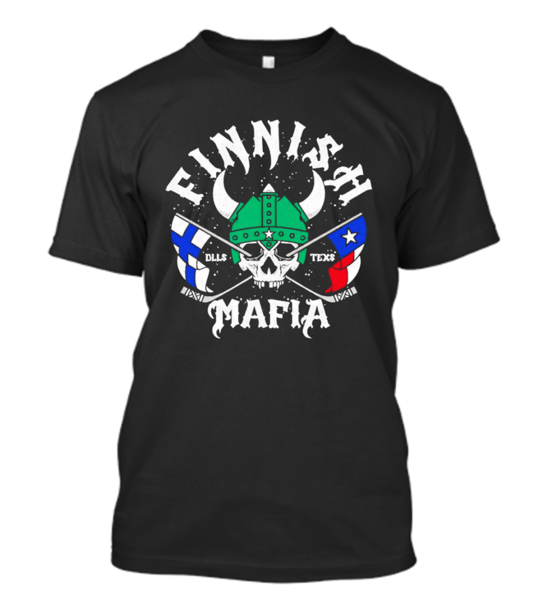 Finnish Mafia Skull Helm Crossed Sticks Finland Dallas Texas Flags T-Shirt