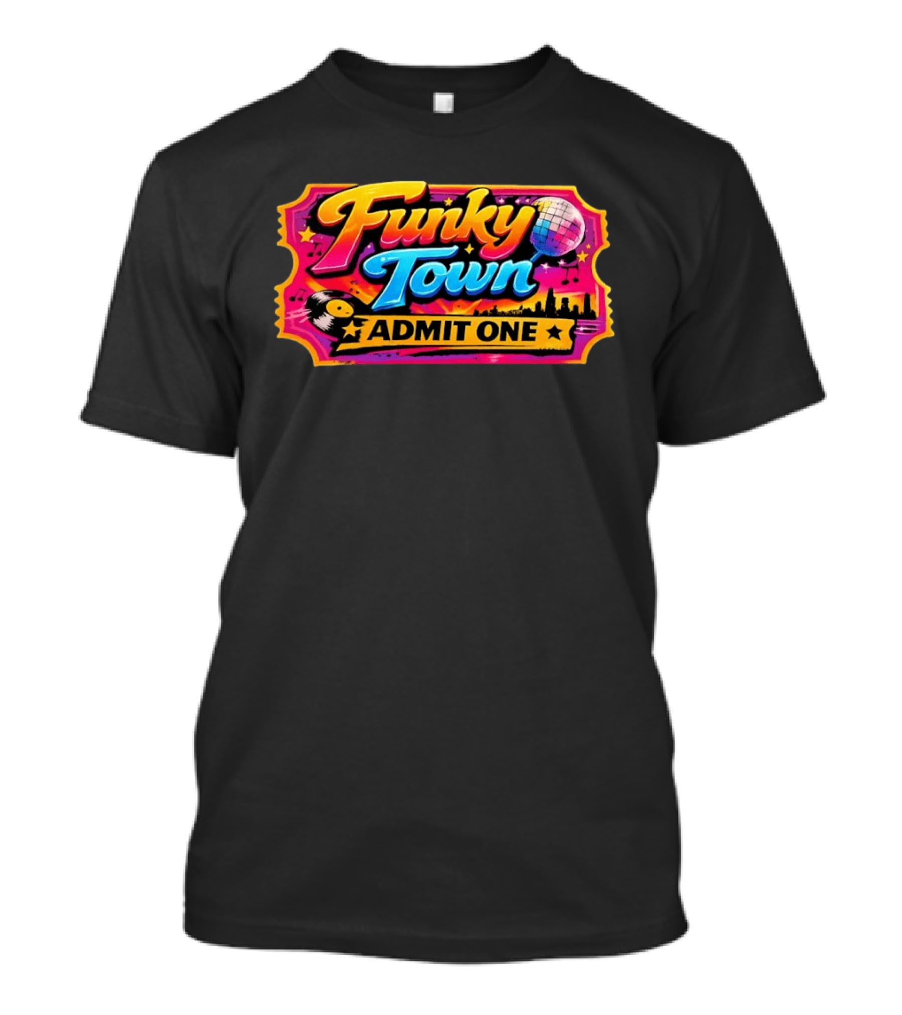 Funky Town Admit One Disco Ticket Skyline Vinyl Record T-Shirt