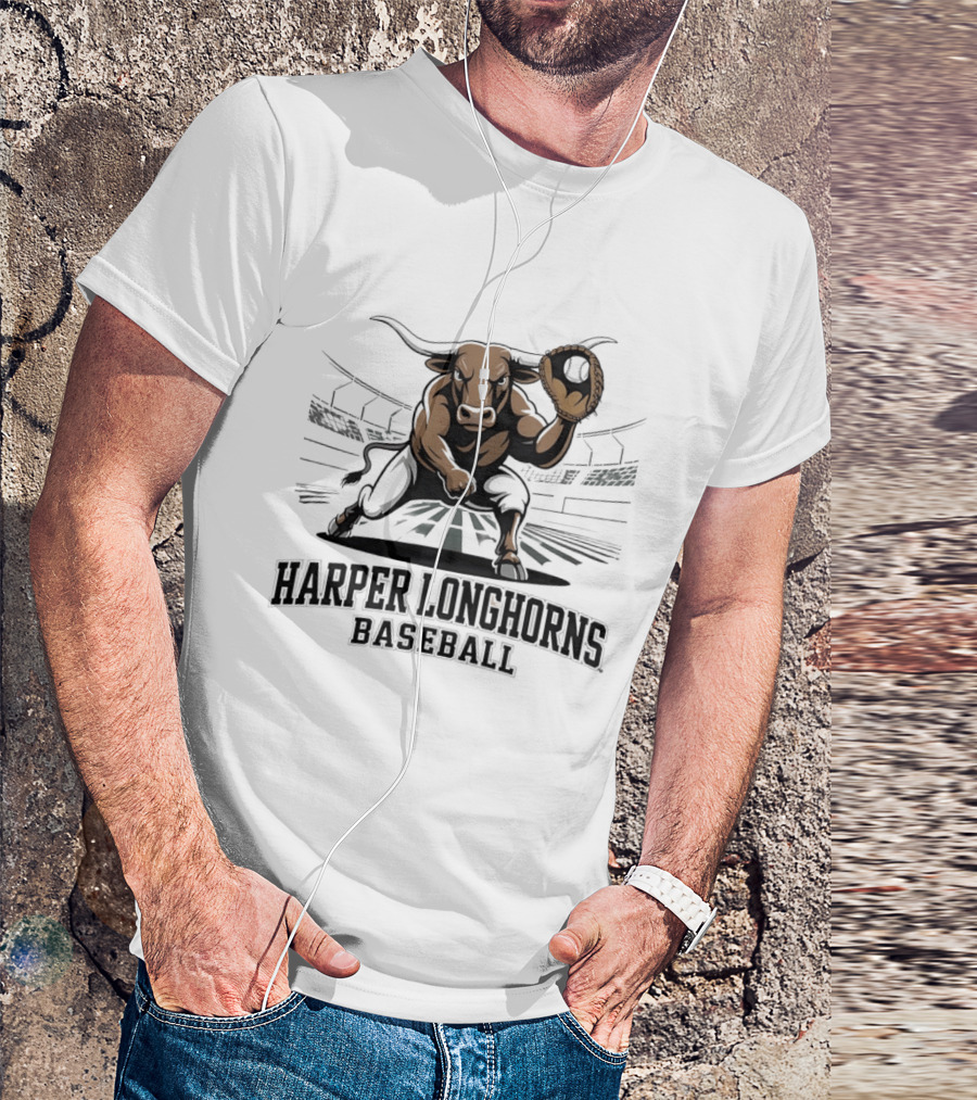 Harper Longhorns Baseball Fierce Bull Mascot Stadium Scene T-Shirt
