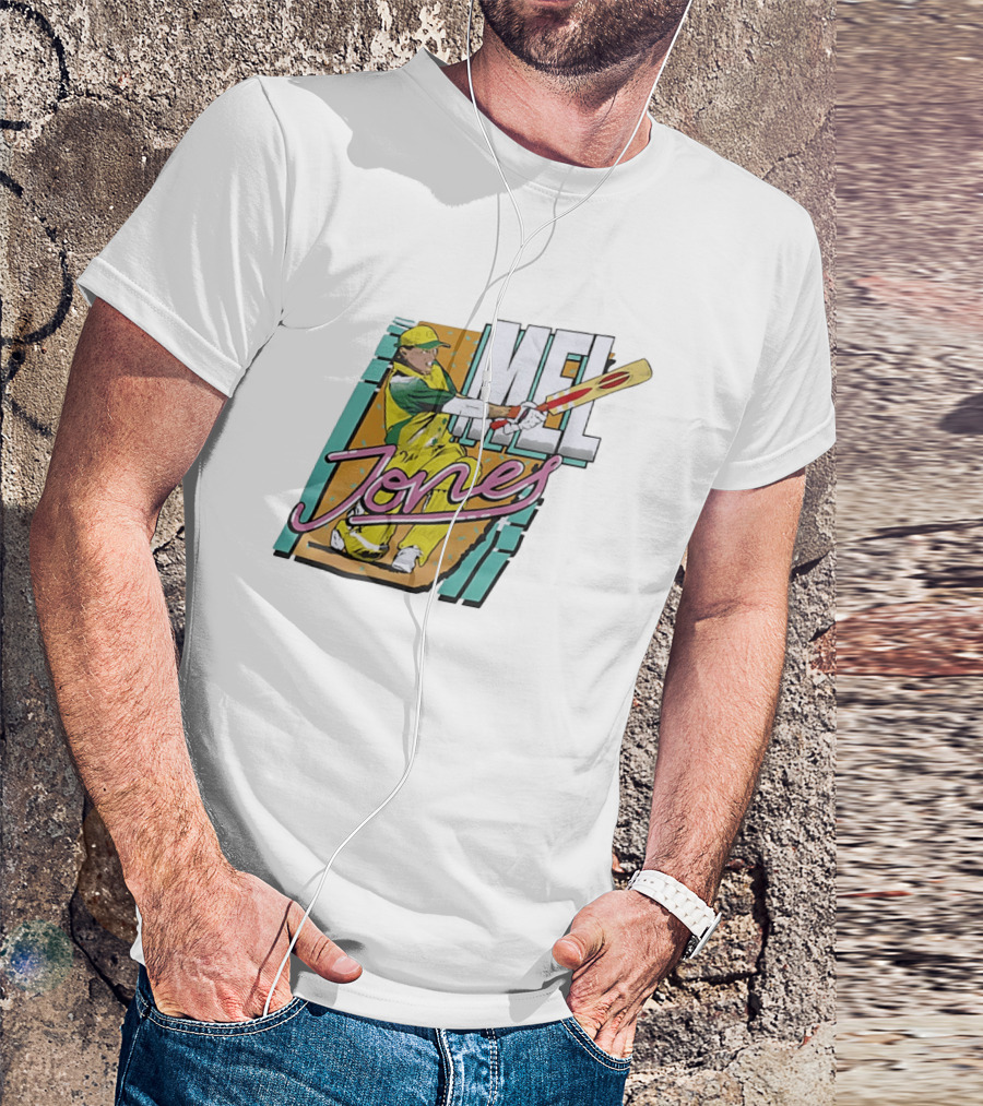 Mel Jones Cricket Caricature Batting Legend In Green And Gold T-Shirt