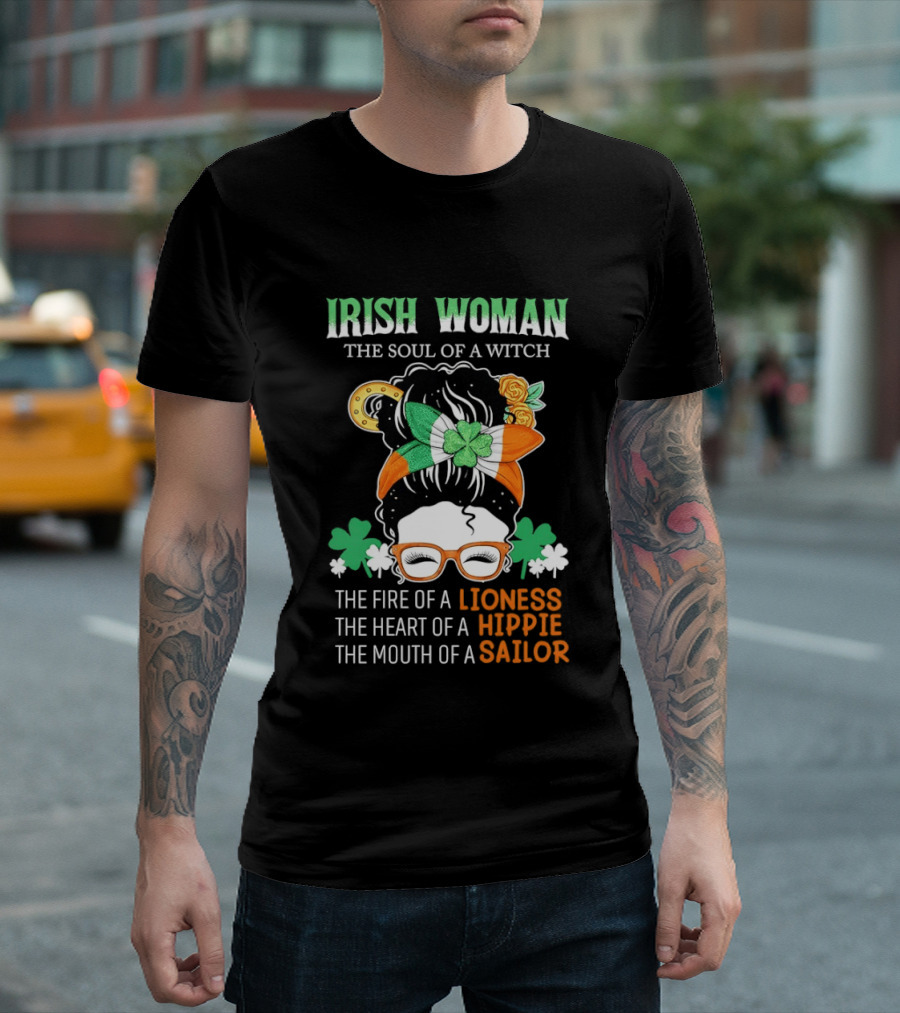 Irish Woman The Soul Of A Witch The Fire Of A Lioness The Heart Of A Hippie The Mouth Of A Sailor Shamrock Glasses Bandana T-Shirt