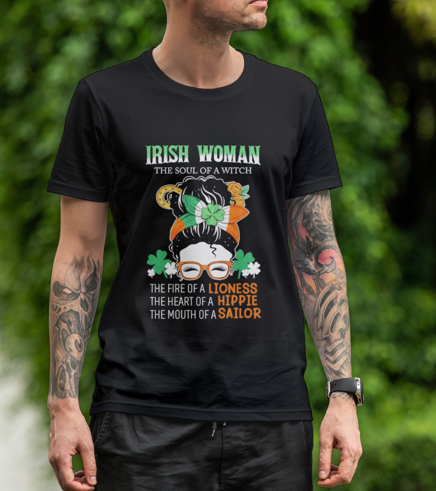 Irish Woman The Soul Of A Witch The Fire Of A Lioness The Heart Of A Hippie The Mouth Of A Sailor Shamrock Glasses Bandana T-Shirt