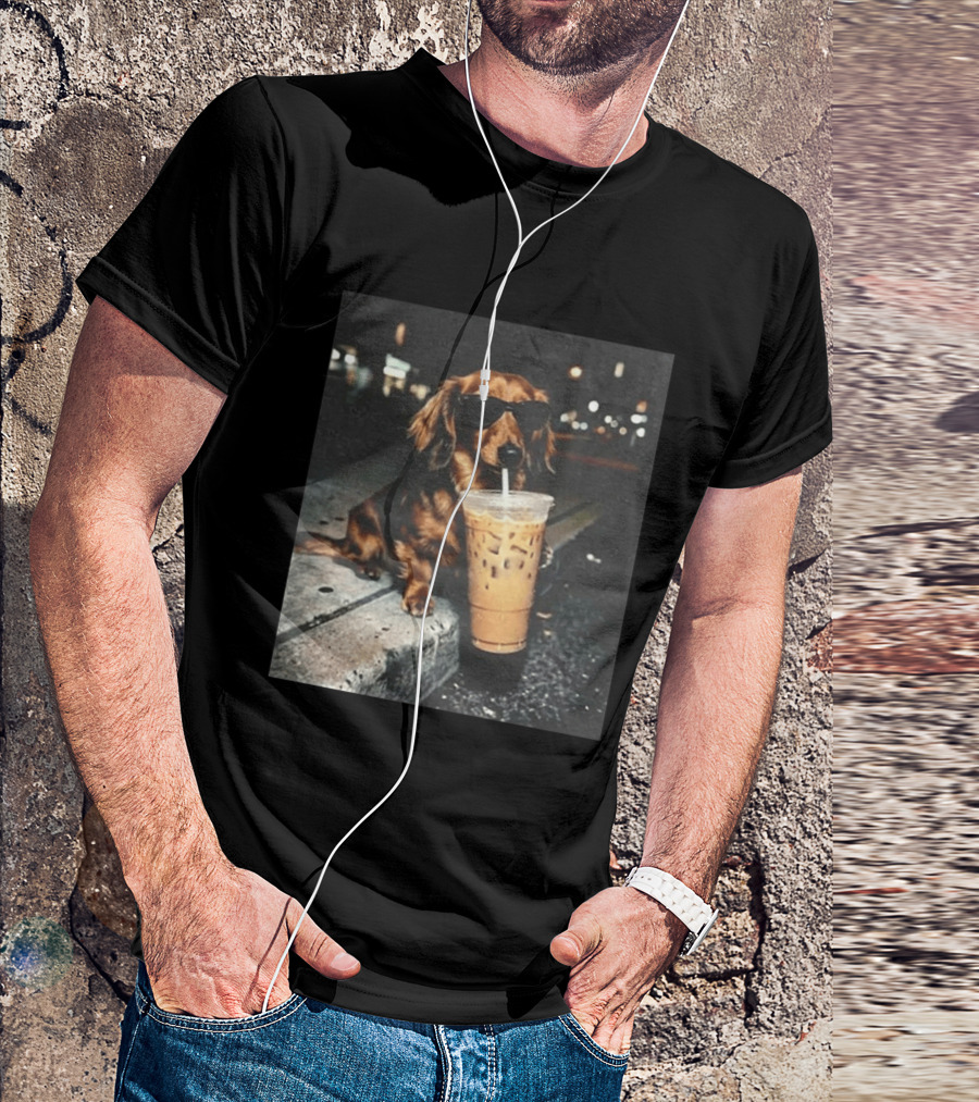 Dachshund Enjoying Iced Coffee With Sunglasses T-Shirt
