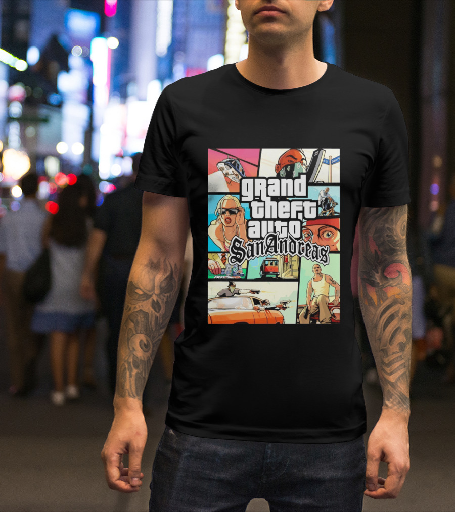 Grand Theft Auto San Andreas Art Collage Characters Scenes T-Shirt
