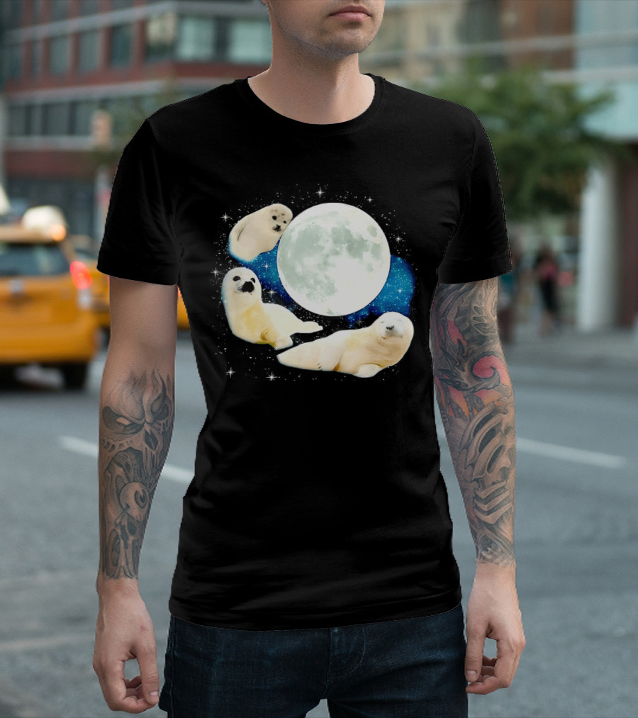 Adorable Seals Playfully Resting Under A Radiant Full Moonlit Sky With Cosmic Backdrop T-Shirt