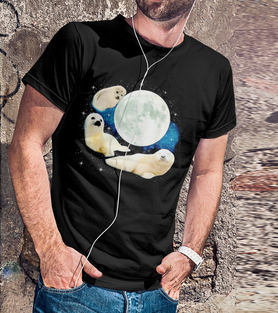 Adorable Seals Playfully Resting Under A Radiant Full Moonlit Sky With Cosmic Backdrop T-Shirt