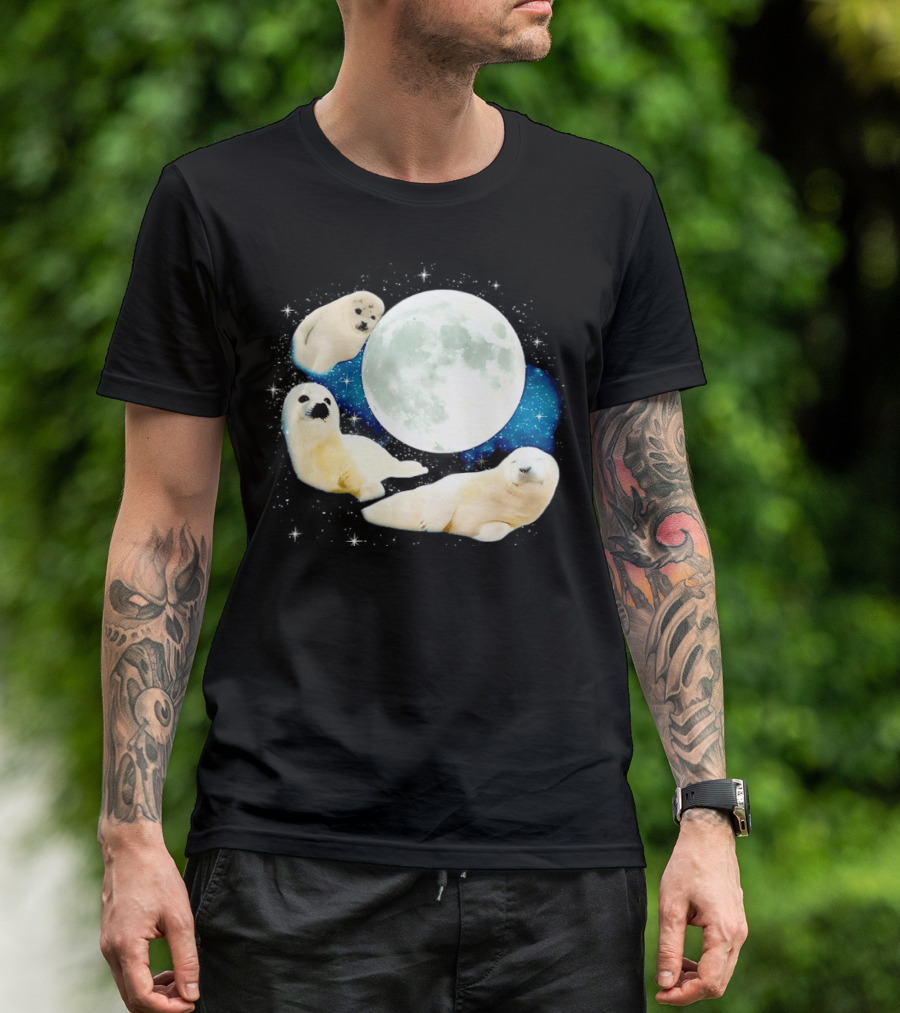 Adorable Seals Playfully Resting Under A Radiant Full Moonlit Sky With Cosmic Backdrop T-Shirt