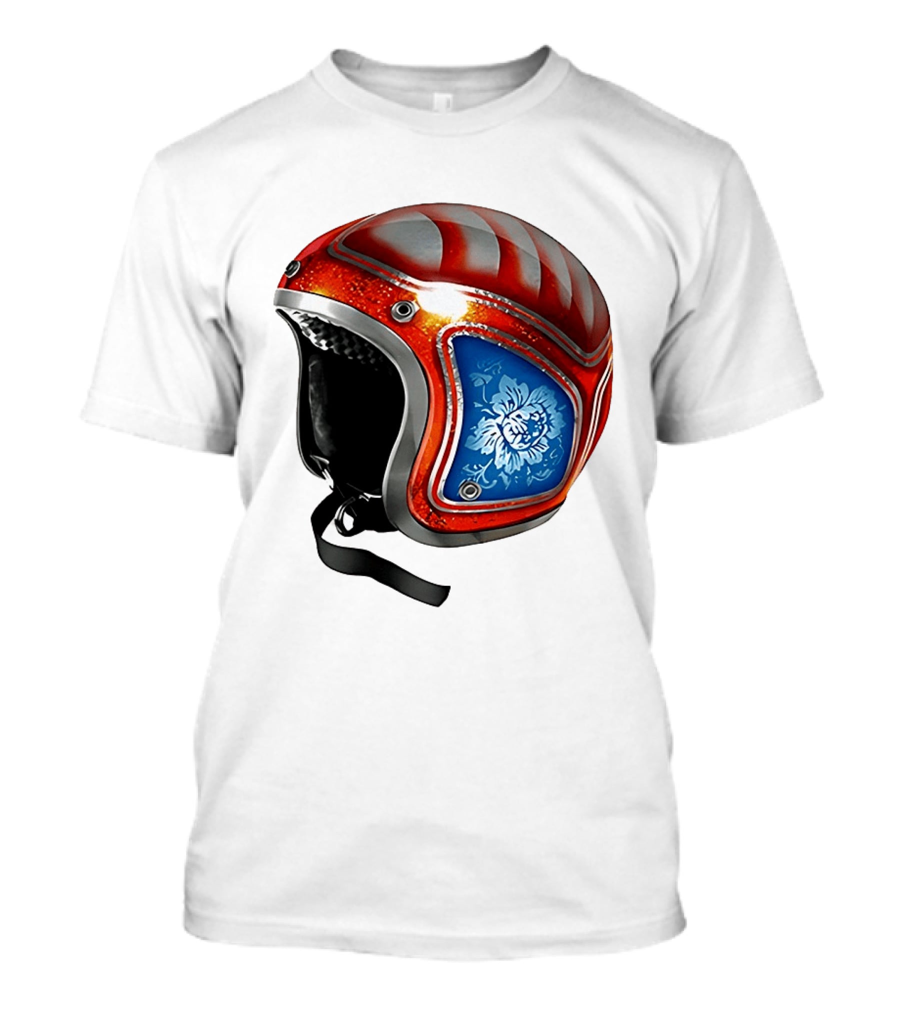 Blue Bloom Racer Helmet Red White Stripes Floral Blossom T-Shirt