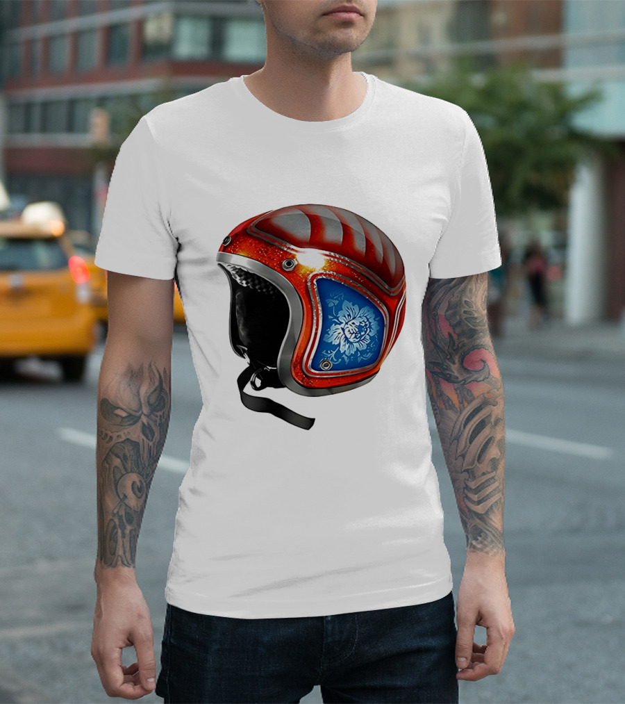 Blue Bloom Racer Helmet Red White Stripes Floral Blossom T-Shirt