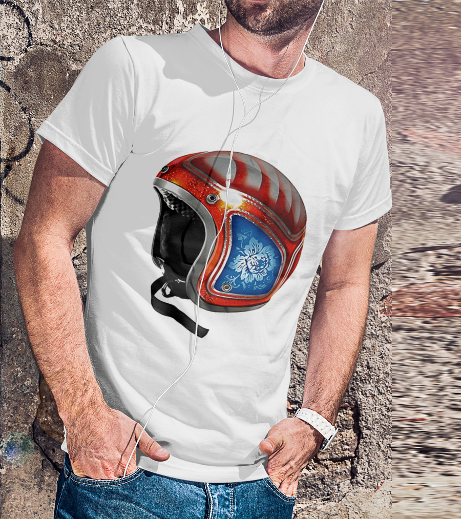 Blue Bloom Racer Helmet Red White Stripes Floral Blossom T-Shirt