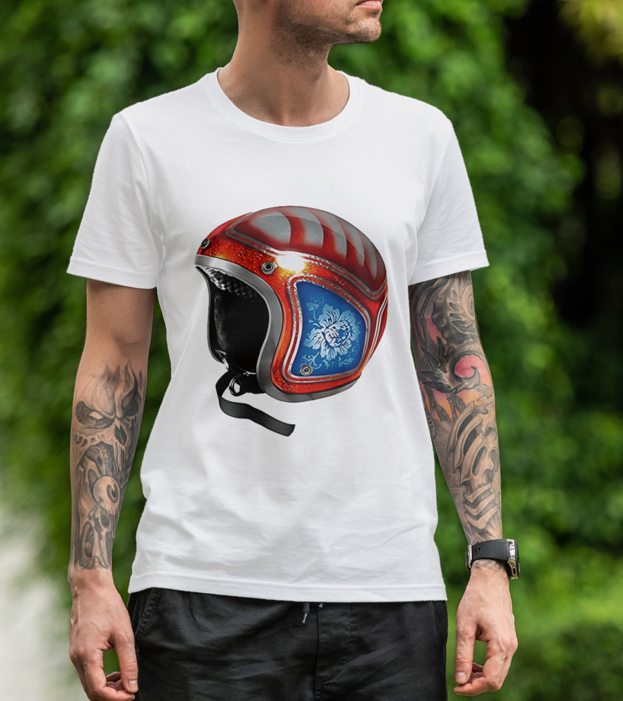 Blue Bloom Racer Helmet Red White Stripes Floral Blossom T-Shirt