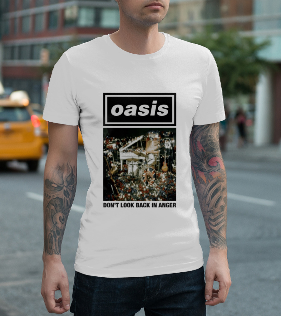 Oasis Don't Look Back In Anger Iconic Music Stage Setup with Instruments and Floral Décor T-Shirt