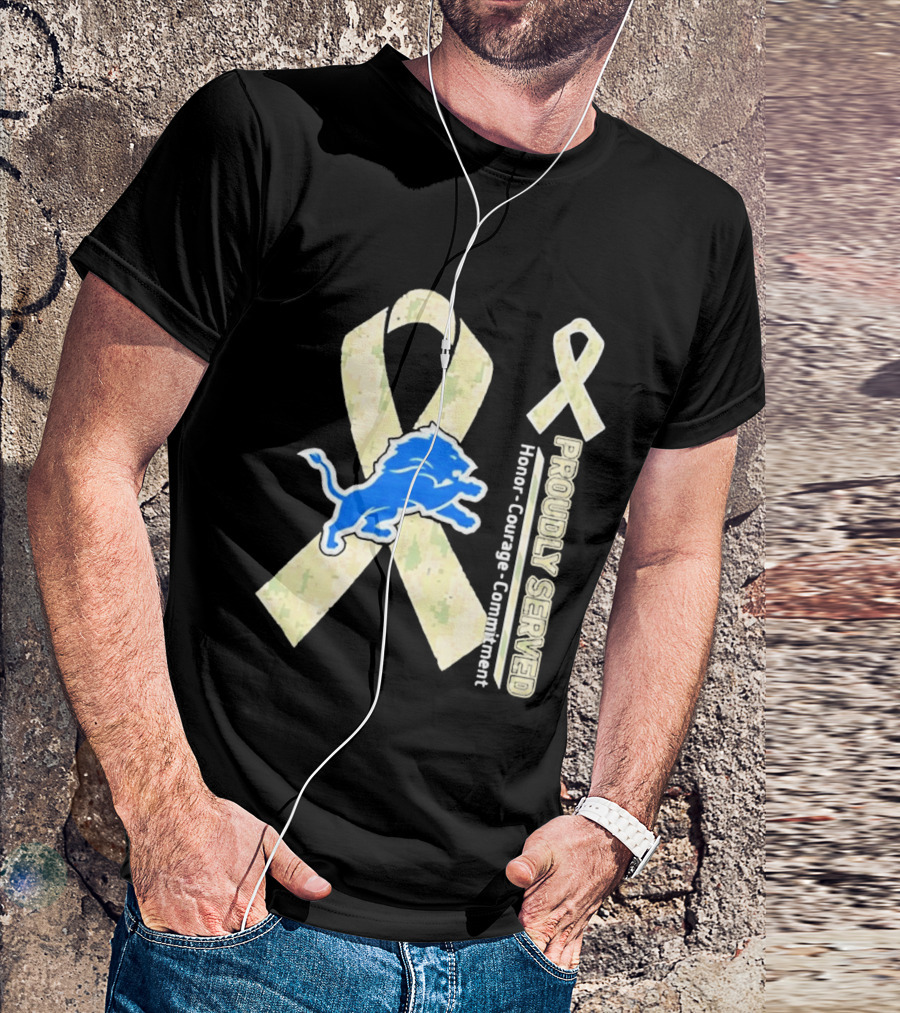 Detroit Lions Camo Ribbon Proudly Served Honor Courage Commitment T-Shirt
