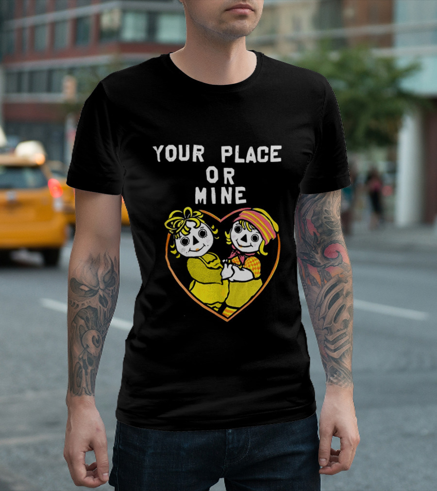 Your Place Or Mine Romantic Cartoon Couple In Heart T-Shirt
