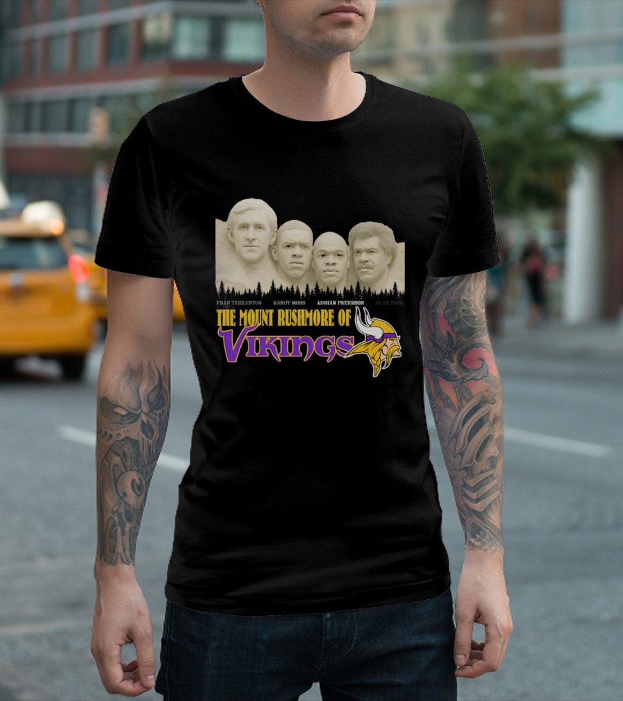 Mount Rushmore Of Vikings Fran Tarkenton Alan Page Randy Moss Adrian Peterson T-Shirt