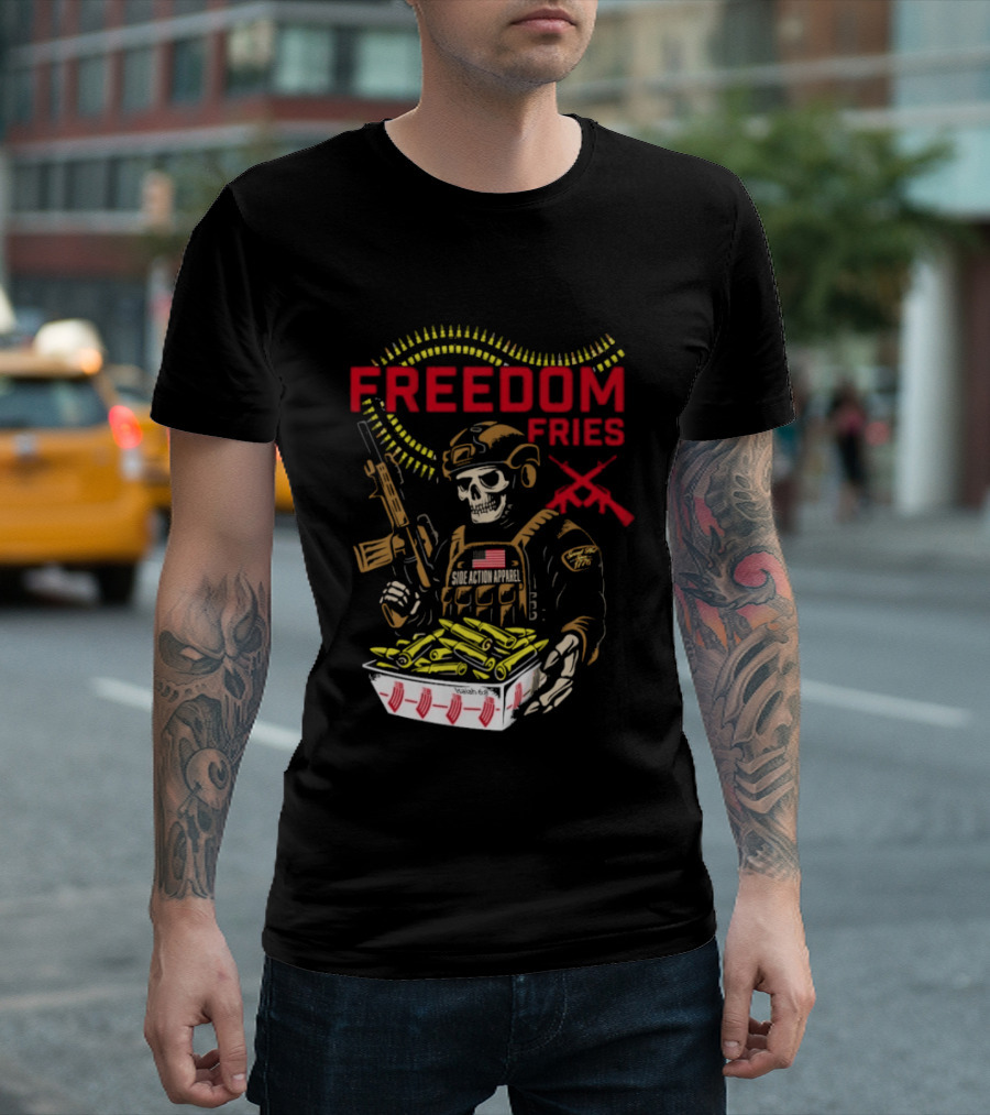 Freedom Fries Military Skeleton With USA Flag And Rifle T-Shirt