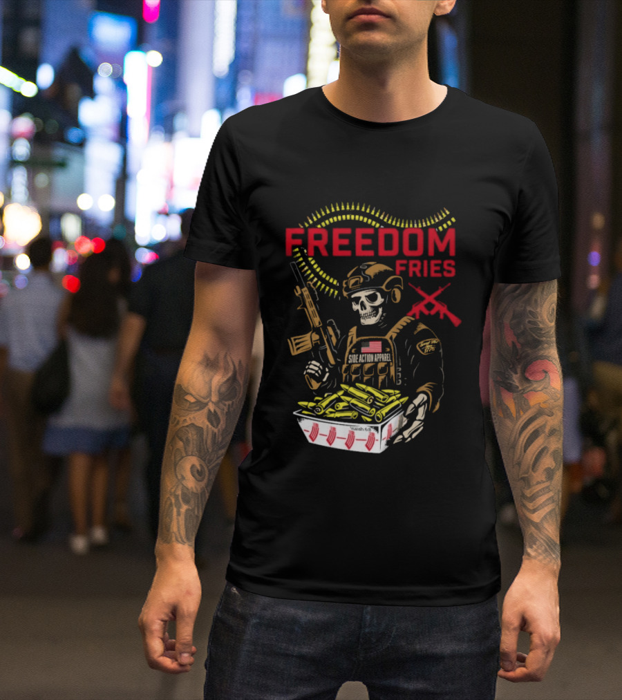 Freedom Fries Military Skeleton With USA Flag And Rifle T-Shirt