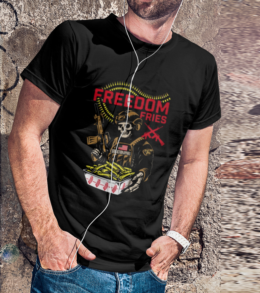 Freedom Fries Military Skeleton With USA Flag And Rifle T-Shirt