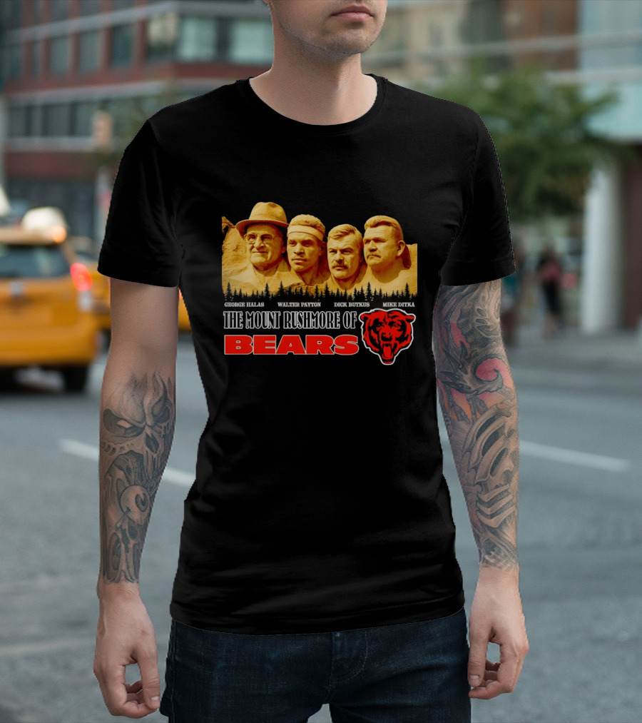 George Halas Walter Payton Dick Butkus Mike Ditka Chicago Bears Mount Rushmore T-Shirt
