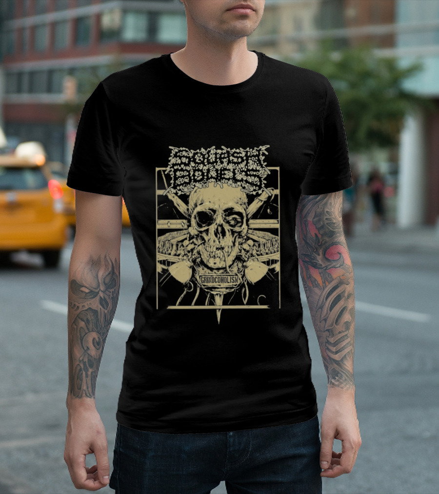 Squash Bowels Grindcoholism Skull With Crossbones And Spine T-Shirt