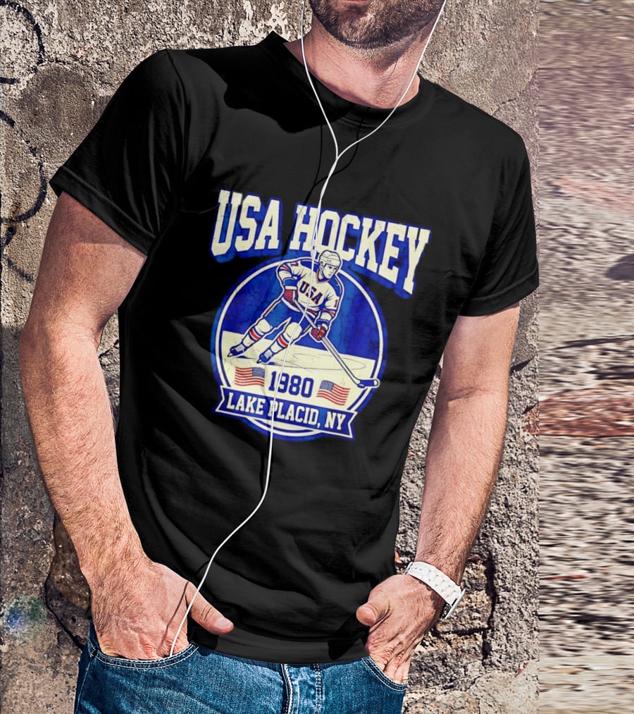 USA Hockey 1980 Lake Placid NY American Flag Ice Skater T-Shirt
