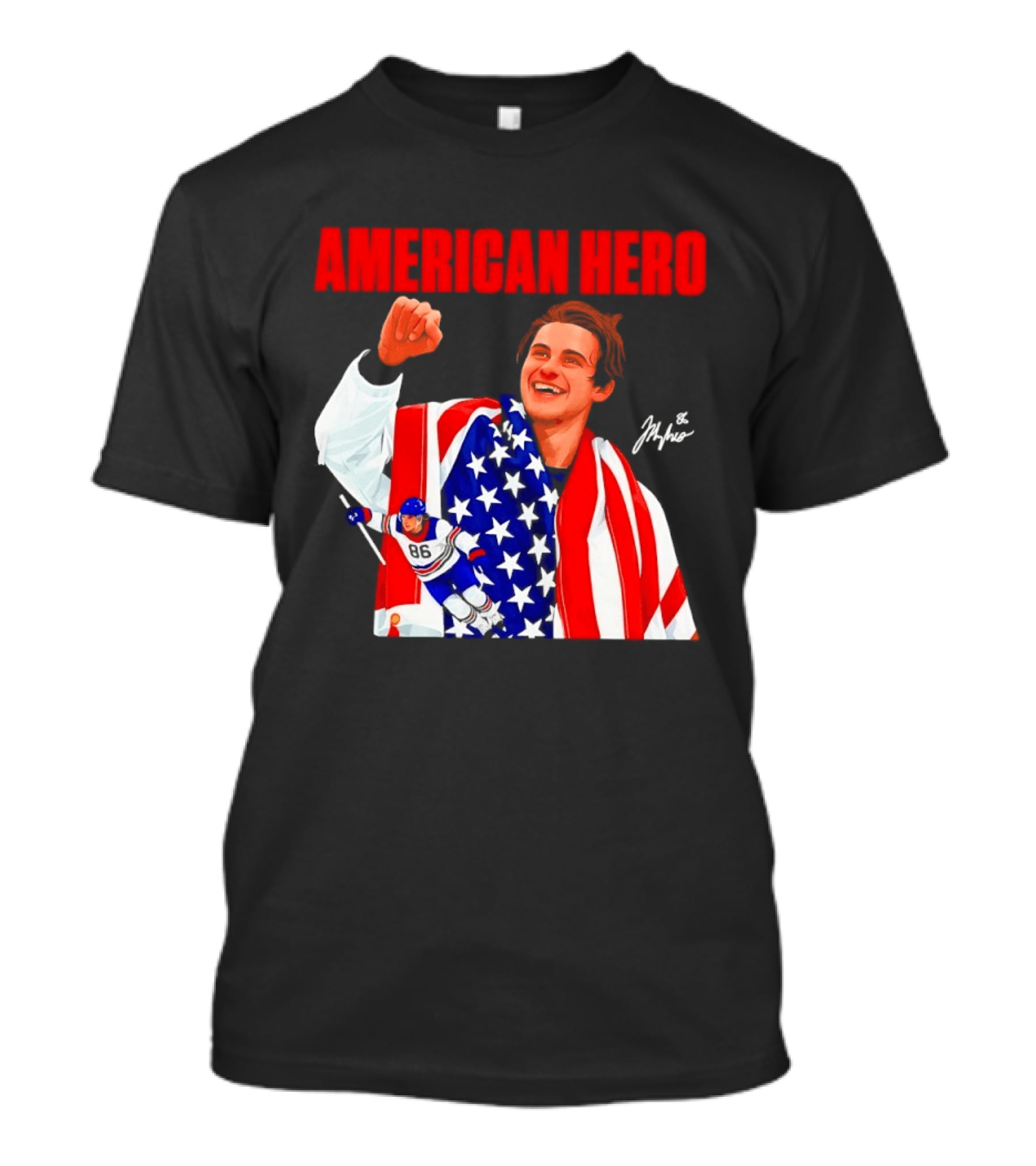 American Hero Jack Hughes USA Flag Hockey T-Shirt