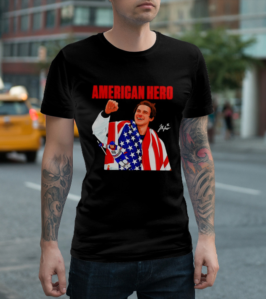 American Hero Jack Hughes USA Flag Hockey T-Shirt