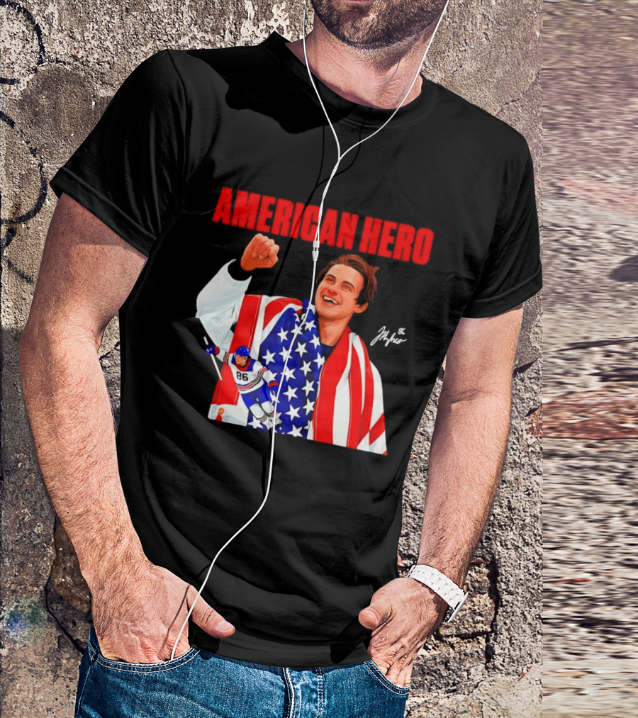 American Hero Jack Hughes USA Flag Hockey T-Shirt