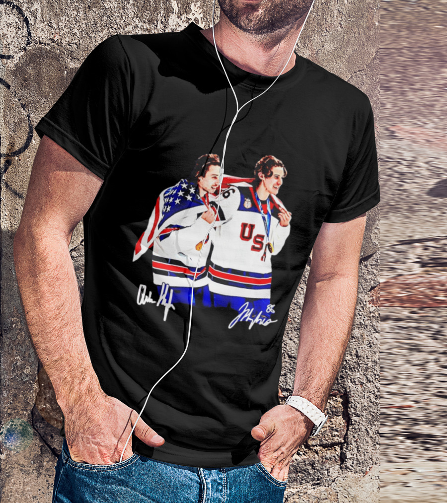 USA Hockey Golden Jack Hughes Jack Quinn American Flag Celebration T-Shirt