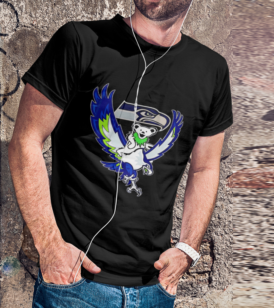 Seattle Seahawks Grateful Dead Bear Riding Seahawk Wings T-Shirt