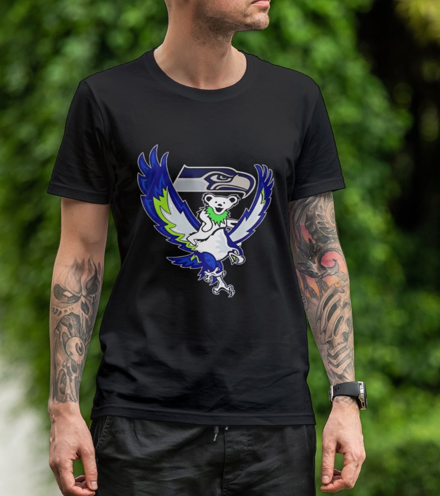 Seattle Seahawks Grateful Dead Bear Riding Seahawk Wings T-Shirt